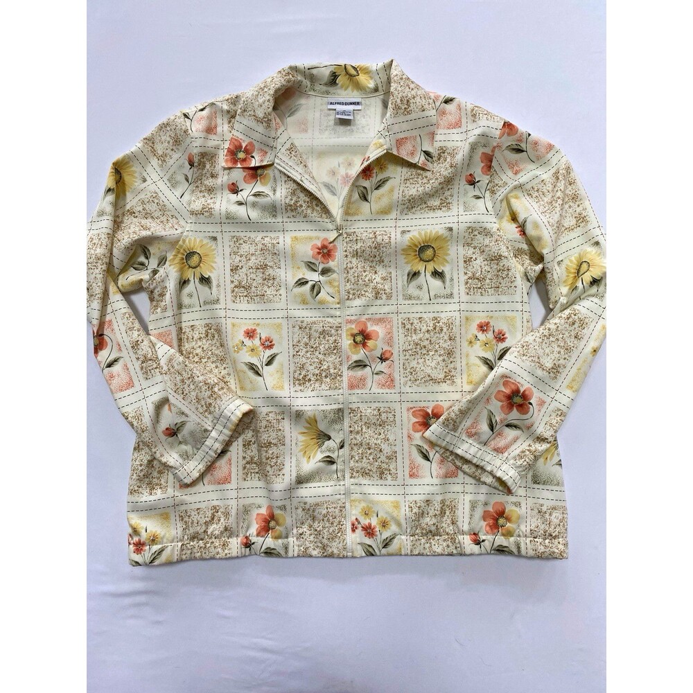 Alfred Dunner Womens Floral Zip Front Collared Long Sleeve Blouse 16 Beige